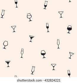 Tiny doodle style alcohol glasses seamless vector pattern. Free hand drawn, uneven edges. Martini, champagne, cocktail, brandy, margarita, hurricane glass. Ink drawn.