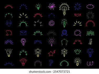 Tiny doodle sunbursts, light bulbs and expression symbols in manga style. Neon colors comic fireworks, surprise signs, idea logo, vibrant vector set