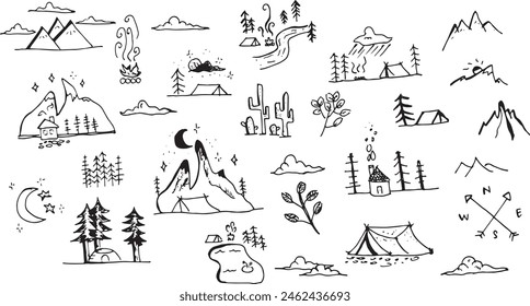 Tiny Elementos Doodle sobre Camping Things