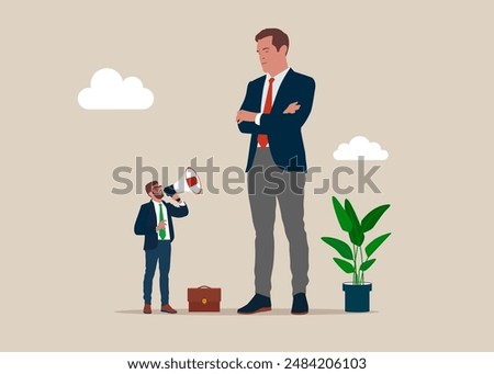 Tiny emotional man with megaphone screaming at displeased giant man. Flat vector illustration