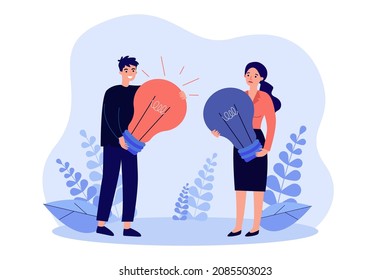 Pequeños empleados con bombillas encendidas o apagadas en las manos. Hombre sujetando una brillante bombilla de luz de ilustración vectorial plana. Innovación, concepto de generación de ideas de negocio para banner, diseño de sitios web o página web de aterrizaje