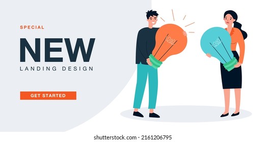 Pequeños empleados con bombillas encendidas o apagadas en las manos. Hombre sujetando una brillante bombilla de luz de ilustración vectorial plana. Innovación, concepto de generación de ideas de negocio para banner, diseño de sitios web o página web de aterrizaje