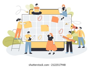 Tiny employees marking events in big appointment calendar. Busy persons planning future tasks or projects online via planner reminder app flat vector illustration. Deadline, time management concept