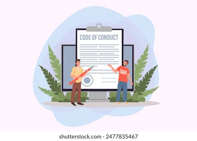 Pequeños empleados cerca de un enorme monitor de ordenador con código de conducta de Ilustración vectorial de papel. Personas de la oficina estudiando el documento de integridad ética de la empresa. Código de ética empresarial y concepto de valores