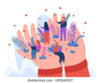 Tiny employees sitting and standing on huge hands. People working in comfortable conditions flat vector illustration. Wellbeing and support at work, security at workplace, social care concept