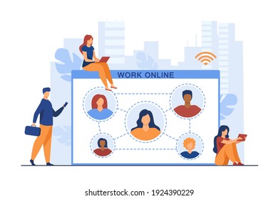 Tiny employees working online. Communication, internet, freedom flat vector illustration. Freelance and network concept for banner, website design or landing web page