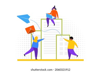 Tiny employees working online. Communication, internet, freedom flat vector illustration. Freelance and network concept for banner, website design or landing web page.