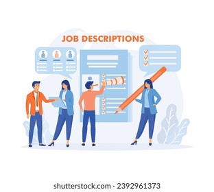  Tiny Employer Characters Reading Personnel Resume, Applicants Searching Job Learning Offers in Internet Resource.  flat vector modern illustration 