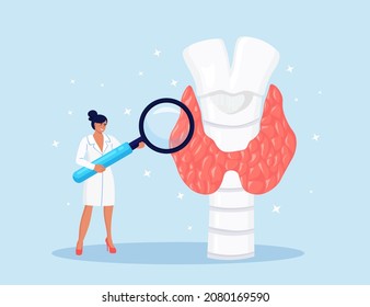 Tiny endocrinologists doctors diagnose and treat human thyroid gland. Thyroid examination with magnifying glass. Hypothyroidism, hyperthyroidism concept. Health and medical treatment