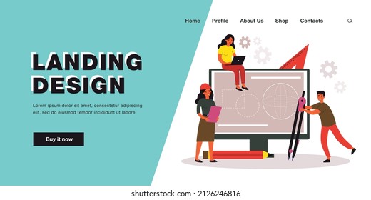 Tiny engineer cartoon characters working on project together. Man holding compass or divider, woman in helmet, girl sitting on monitor flat vector illustration. Technology, engineering, math concept