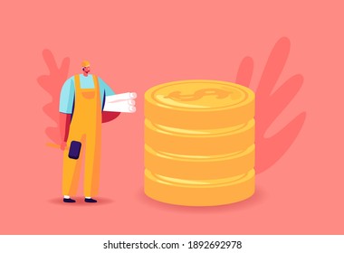 Tiny Engineer Dreaming of Good Salary. Male Character in Working Overalls and Hardhat Holding Blueprint Rolls Stand at Huge Pile of Golden Coins. Income Class Concept. Cartoon Vector Illustration