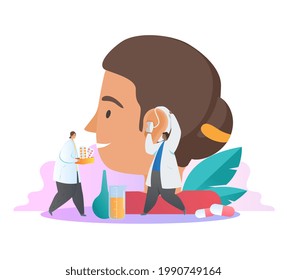 Tiny ENT doctors fitting hearing aid device on huge patient ear and prescribe drugs. Deafness treatment, medical appointment. Flat abstract metaphor cartoon vector illustration concept design