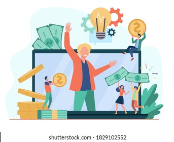 Tiny entrepreneur crowdfunding startup project flat vector illustration. Cartoon sponsor and money donation via internet. Cooperation, investment and growth concept