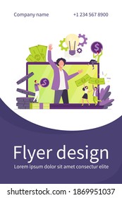 Tiny entrepreneur crowdfunding startup project flat vector illustration. Cartoon sponsor and money donation via internet. Cooperation, investment and growth concept
