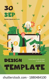 Tiny entrepreneur crowdfunding startup project flat vector illustration. Cartoon sponsor and money donation via internet. Cooperation, investment and growth concept