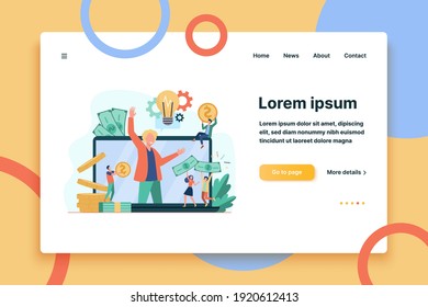 Pequeño emprendedor crowdfunding proyecto de creación de emprendimientos, ilustración vectorial plana. Patrocinador de caricaturas y donación de dinero a través de internet. Concepto de cooperación, inversión y crecimiento