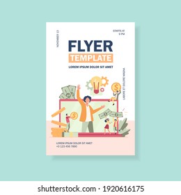 Tiny entrepreneur crowdfunding startup project flat vector illustration. Cartoon sponsor and money donation via internet. Cooperation, investment and growth concept