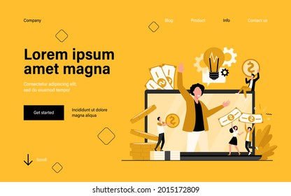 Tiny entrepreneur crowdfunding startup project flat vector illustration. Cartoon sponsor and money donation via internet. Cooperation, investment and growth concept