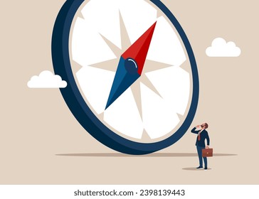 Tiny entrepreneur thinking with big compass. Solving problem, difficult decision making. Business compass guidance direction. Flat vector illustration