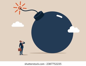 Pequeño emprendedor pensando con un gran incidente con bomba. Solución de problemas, previsión de crisis financieras, difícil toma de decisiones. Ilustración vectorial plana