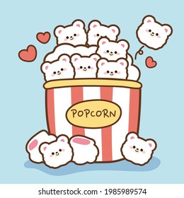 Tiny face bear popcorn cartoon on blue background. Animal character design.Cute food hand drawn.Image for kid product,sticker,card,decoration,wallpaper.Icon.Art.Kawaii.Vector.Illustration.