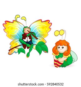 Tiny fairy and beautiful butterfly that plays the flute. Fairy sitting hugging her knees and listening to music. Kawaii characters in Cartoon style. Funny vector illustration. Butterfiy, part 1