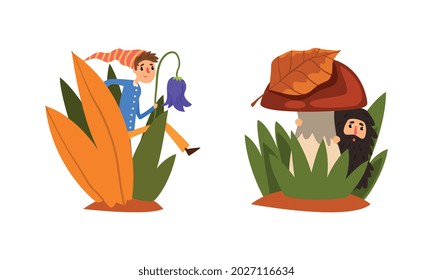 Tiny Fairy Creatures in Nature, Funny People Walking in Tall Grass Cartoon Vector Illustration