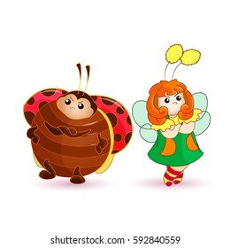 Tiny fairy and her friend ladybug quarreled. Kawaii characters in Cartoon style. Funny little friends. Vector illustration on white background. Plot with a ladybug, part 1