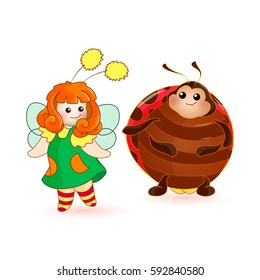 Tiny fairy and her friend ladybug turned to each other face. And they want to make peace. Kawaii characters in Cartoon style. Funny little friends. Vector illustration. Plot with a ladybug, part 2