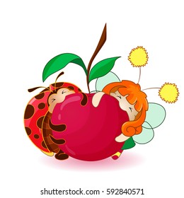 Tiny fairy and ladybug eating cherries together. Kawaii characters in Cartoon style. Funny little friends. Vector illustration on white background. Plot with a ladybug, part 6