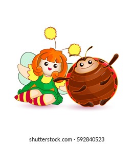 Tiny fairy and ladybug sit together and hug. Kawaii characters in Cartoon style. Funny little friends. Vector illustration on white background. Plot with a ladybug, part 4
