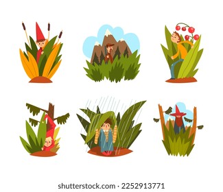 Tiny Fairy People Walking in Tall Grass and Hiding Under Leaf in Rain Vector Set