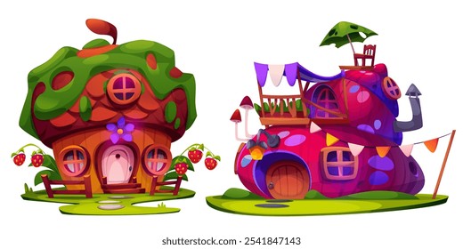 Minúsculos gnomo de conto de fadas ou casas de animais com janelas e portas decoradas. Acorn que habita com plantas de morango e cerca, caracol forma casa com bandeiras coloridas, varanda e chaminé. Desenhos animados elfo cottages