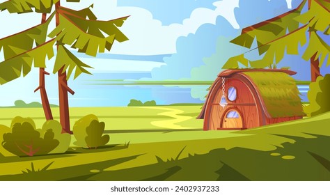 Pequeña casa mágica de cuento de hadas hecha de madera con techo cubierto de hierba, pequeña puerta y ventana, y linterna colgante. Vector de dibujos animados pequeña choza fantástica de elfo o enano con a orillas del lago en el bosque.