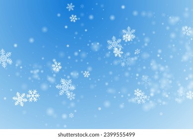 Tiny falling snowflakes illustration. Wintertime dust freeze particles. Snowfall weather white blue design. Many snowflakes january vector. Snow nature landscape.