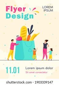 Tiny family at grocery bag with healthy food. Parents, kids, fresh vegetables flat vector illustration. Healthy nutrition, healthcare, lifestyle concept for banner, website design or landing web page