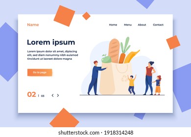Tiny family at grocery bag with healthy food. Parents, kids, fresh vegetables flat vector illustration. Healthy nutrition, healthcare, lifestyle concept for banner, website design or landing web page