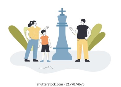 Tiny family standing at queen chess piece. Parents teaching their son to play chess flat vector illustration. Sport, hobby and leisure concept for banner, website design or landing web page