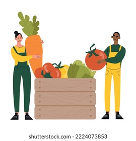 Tiny farmer concept. Man and woman standing with box of vegetables, fresh and natural products. Workers with harvest in their hands. Cartoon flat vector illustrations isolated on white background
