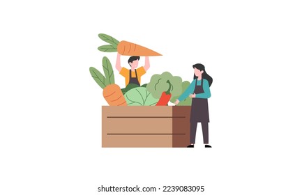 Pequeño agricultor y venta de verduras de granja frescas al concepto de ilustración del comprador