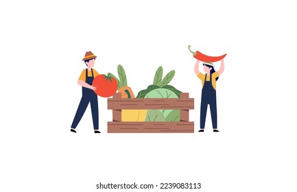 Tiny farmer and selling fresh farm vegetables to buyer illustration concept