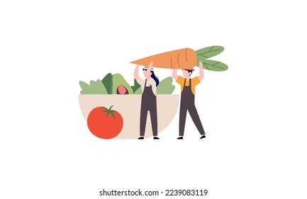 Tiny farmer and selling fresh farm vegetables to buyer illustration concept