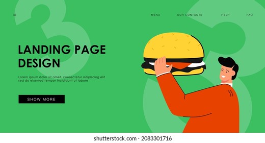 Kleiner, feiner Mann, der Hamburger mit flacher Vektorgrafik hält. Fettleibigkeit, Fastfood, schlechte Gewohnheit Konzept für Banner, Website-Design oder Landing-Website