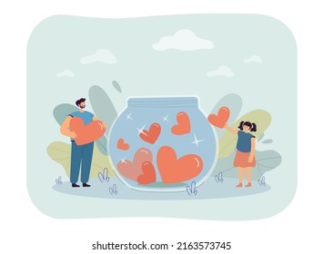 Tiny father and daughter putting big hearts into glass jar. Cartoon man and girl holding hearts as symbol of donation flat vector illustration. Charity concept for banner or landing web page