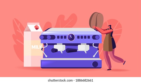 Tiny Female Character in Apron at Huge Coffee Machine. Woman Brewing Cappuccino, Study at Barista School Concept. Waitress in Coffee Shop, Bartender Work or Studying. Cartoon Vector Illustration