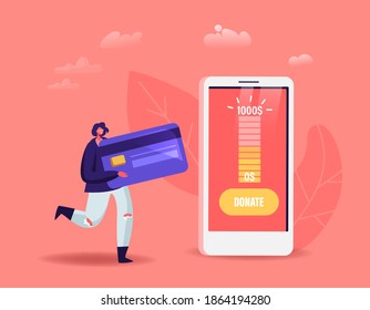 Tiny Female Character with Bank Card Use Mobile Application for Donation. Woman Donate Money with Smartphone App. Charity, Contribution and Help to People in Need Concept. Cartoon Vector Illustration
