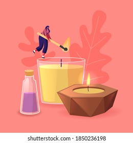 Tiny Female Character Burning Huge Wax or Paraffin Aromatic Candles for Aroma Therapy and Relaxation. Cute Hygge Home Decoration, Holiday Decorative Design Element for Spa. Cartoon Vector Illustration