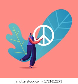 Tiny Female Character Carry Huge Peace Symbol. Hippie or Pacifist Girl Humanity Propaganda, Stop War Pacific Concept. Peaceful Thinking, Worldwide Harmony, Environment. Cartoon Vector Illustration