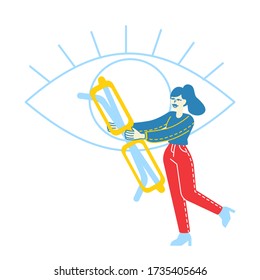 Pequeña Persona Femenina Lleva Enormes anteojos de ojos humanos. Concepto de Tratamiento y Diagnóstico de Enfermedades de la Visión. Paciente en la Cita del Oculista Oftalmólogo Doctor. Ilustración de vectores lineales