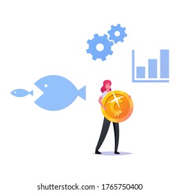 Tiny Female Character Carry Huge Golden Coin with Business Icons around Arrow Chart, Cogwheel Gears and Huge Fish Trying to Eat Small One. Merger and Acquisition Concept. Cartoon Vector Illustration